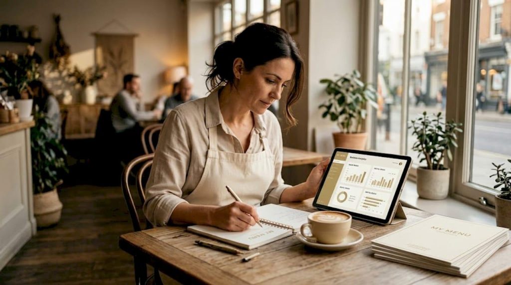 Restauratrice qui prend des notes devant des graphiques sur une tablette