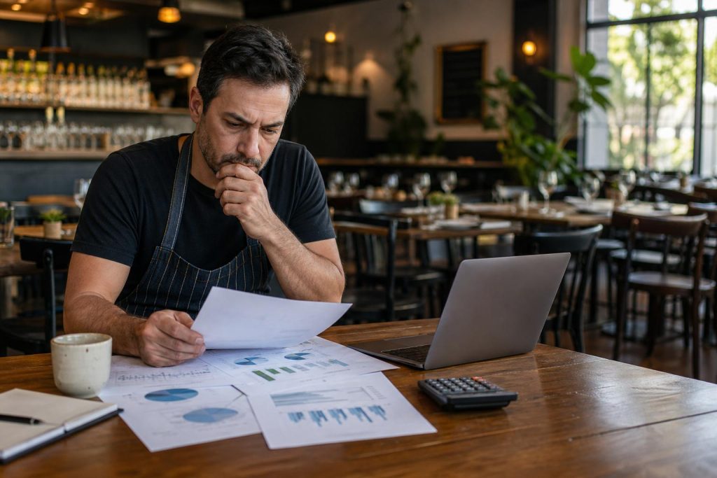 Restaurateur qui étudie ses prévisions financières à une table de sa salle
