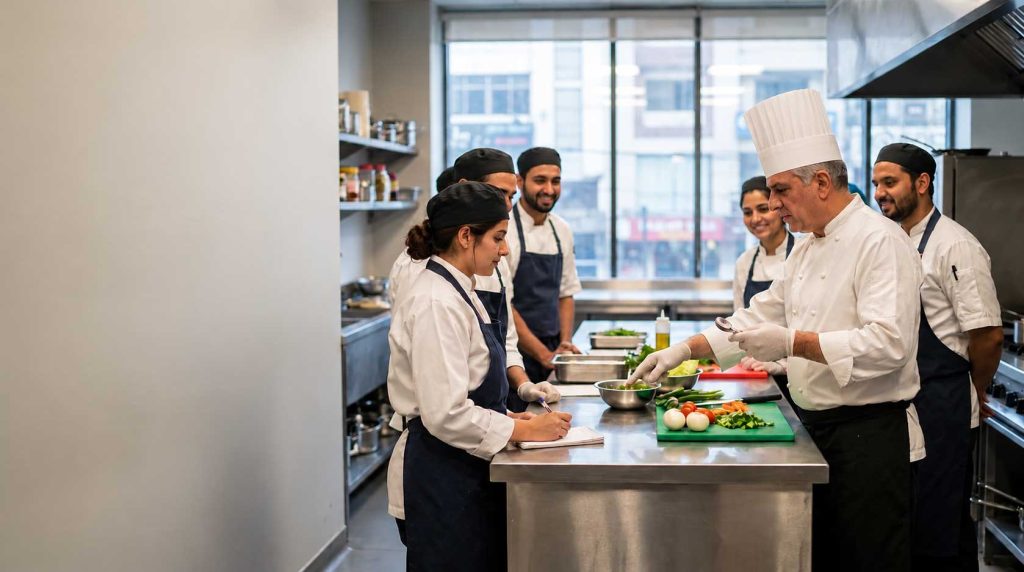 Chef qui forme son équipe en cuisine