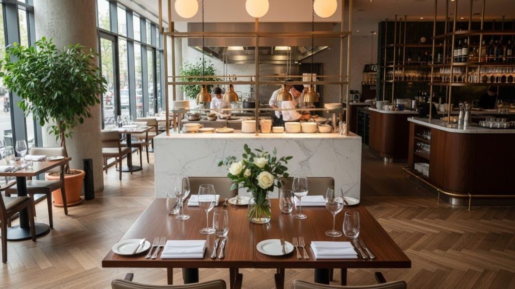 Salle de restaurant dressée, cuisine ouverte au fond
